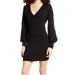 Lulus Cozy On Up Black V-Neck Sweater Dress Size Small